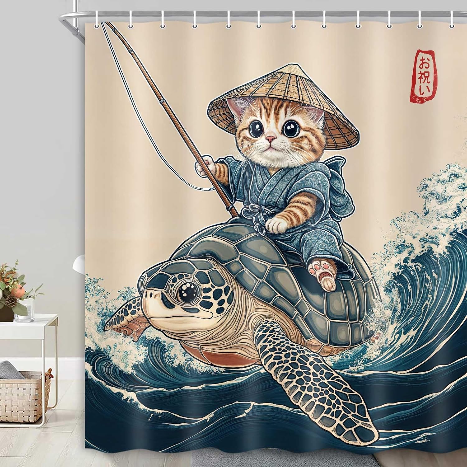 

Funny Cat Riding Turtle Shower Curtain – Vintage Japanese Anime Style, Cute Ocean Animal Bathroom Decorh12Pcs Hooks 71X71In W60H190(CM)-1 Pcs