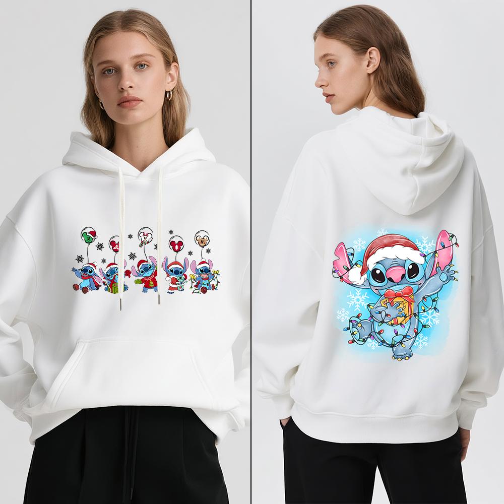 Disney Stitch Christmas Print Women Fleece Hoodie Winter Warm Pullover Casual Holiday Travel Party Outfit Soft Cozy Sweatshirt