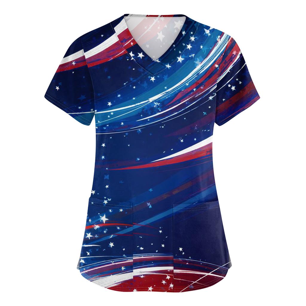 Women's V-neck Independence Day print short-sleeved pocket side-opening protective work shirt