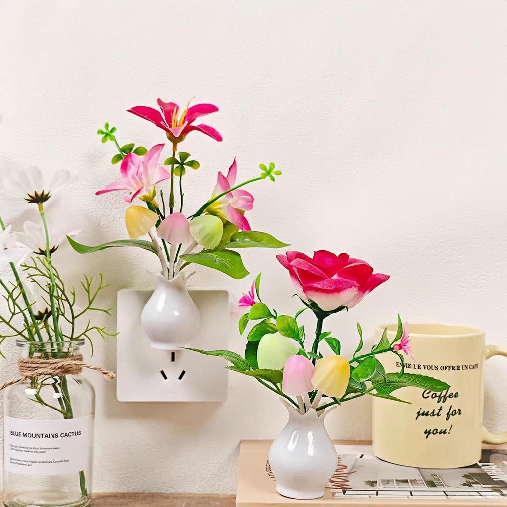 LED Energy-Saving Mushroom Lamp with Colorful Artificial Flowers and Night Light Vase