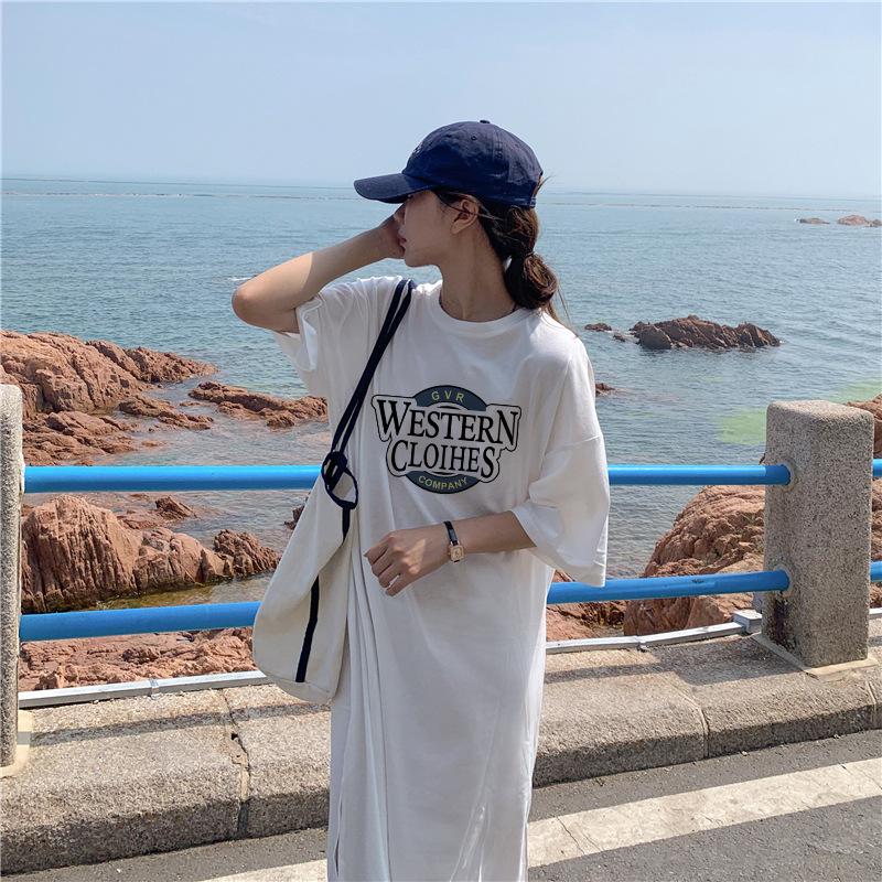 Cotton Summer New Korean Loose Letter Printing Student Slit Short Sleeve Mid-length Dress for Women