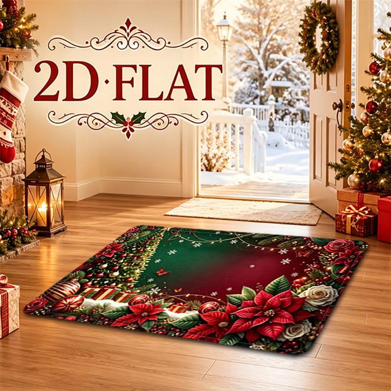2D Printed Pattern Christmas Holiday Decorative Doormat, Soft Flannel Material, Christmas Tree Gift Box Poinsettia Flower Butterfly Red and Green Cont