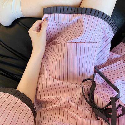Premium Contrasting Colors Pink Striped Pajamas Women's Summer Short-sleeved Shorts Bow Two-piece Set Can Be Worn Outside Loungewear