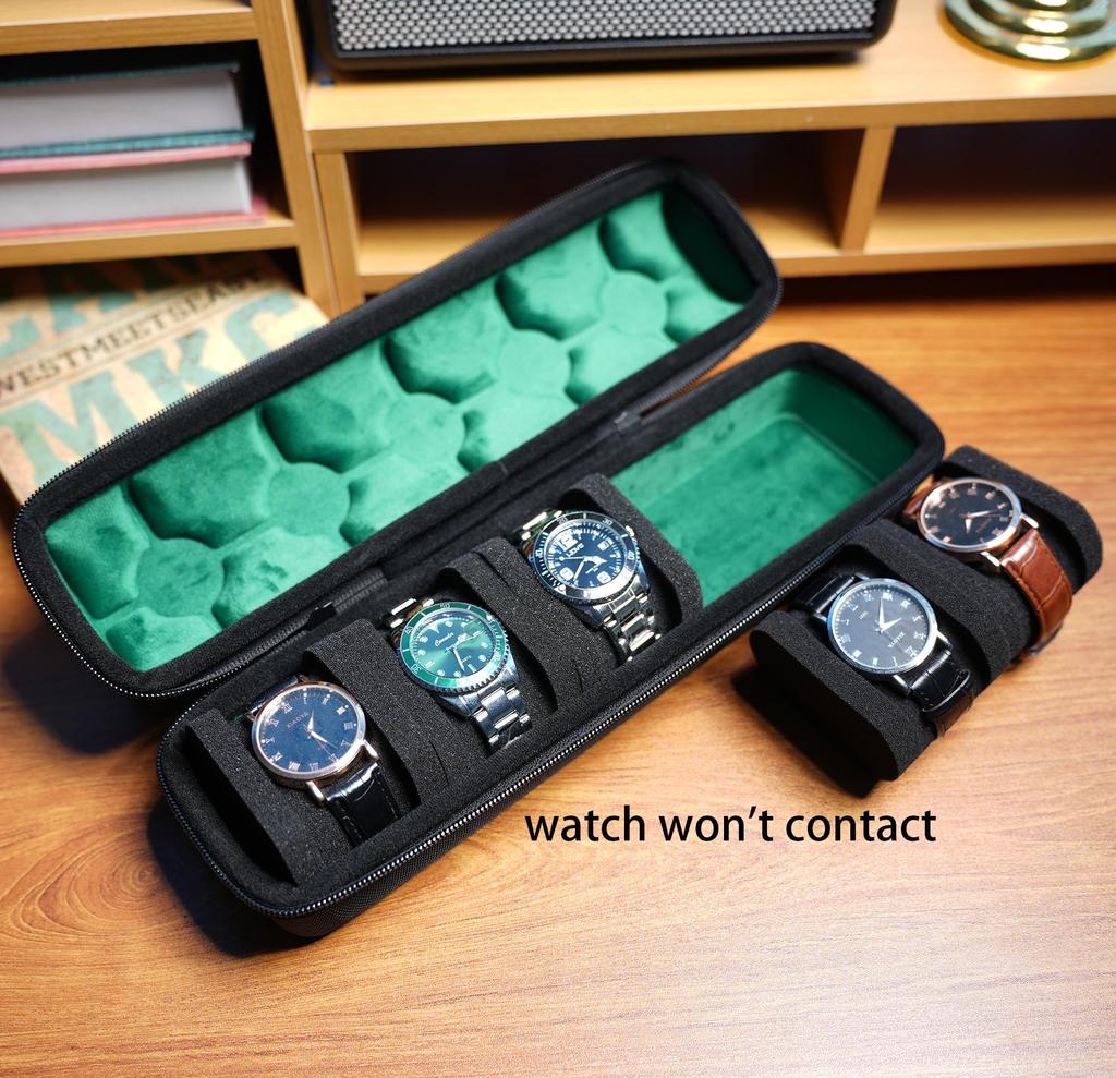 AUKURA 5-Slot Hard Watch Travel Case Carry Box Display and Organizer with Flexible Anti-Move Pillow, Fits Large and Small Watches.