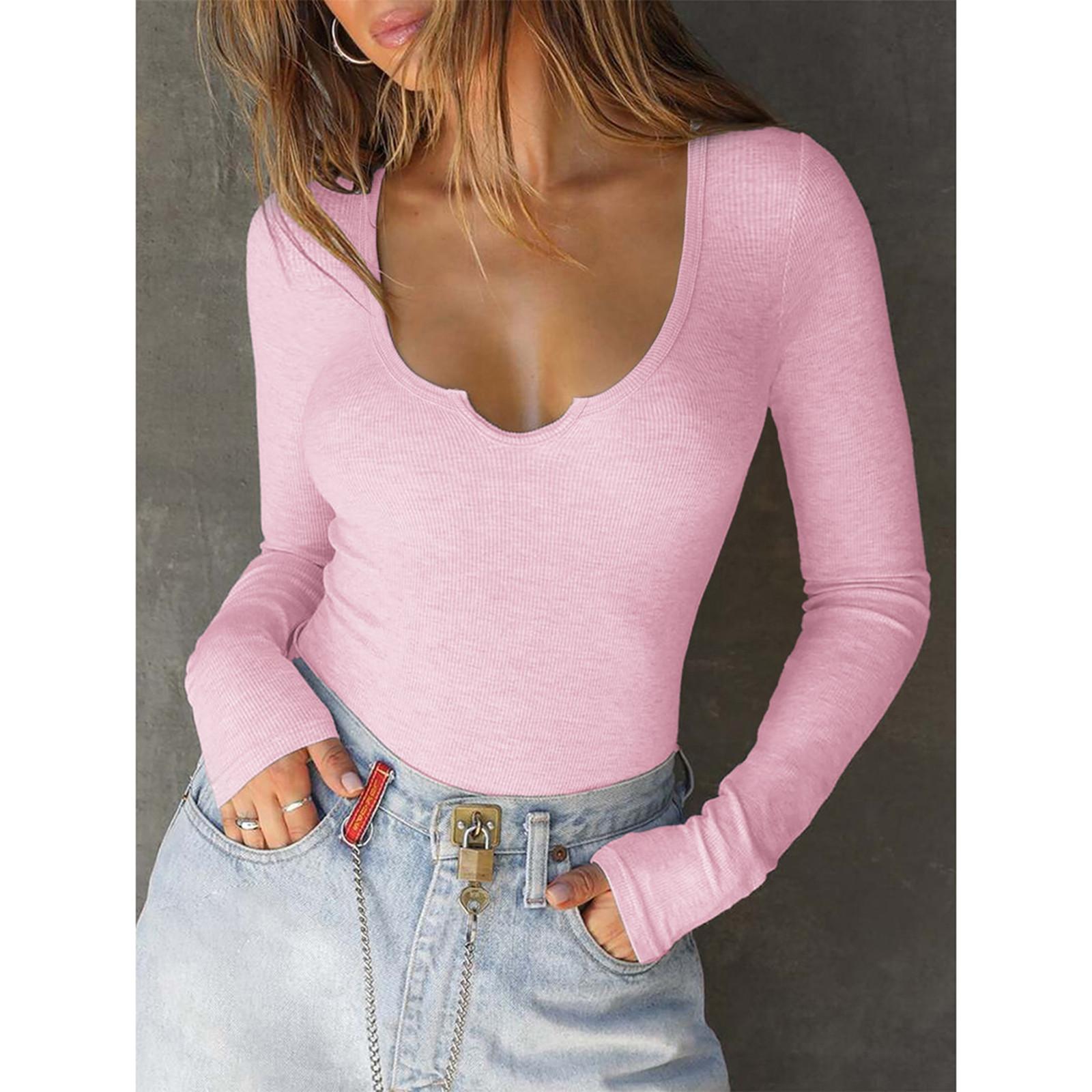 

Женская модная сексуальная тонкая однотонная футболка с резьбой L розовый