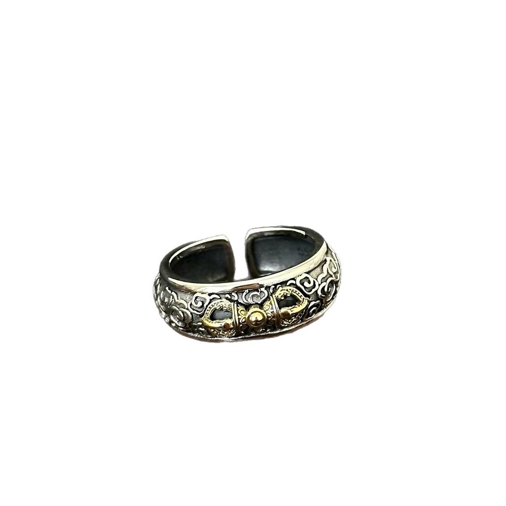 Anello Vajra Regolabile in Argento Sterling S925 con Stile Nazionale Retrò e Disegno di Nuvole Auspiciose per Uomo e Donna
