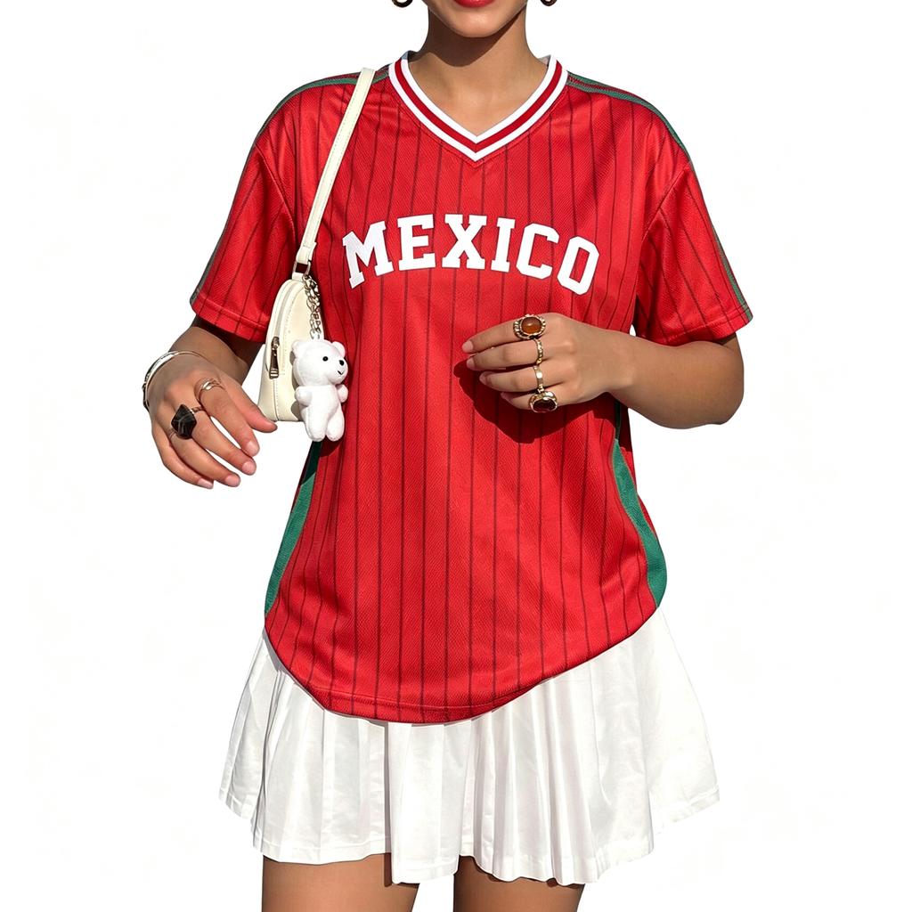 Women's V-Neck Short Sleeve Soccer Top | Mexico Fashion Top for Soccer Games, Casual Wear, Outdoor Sports