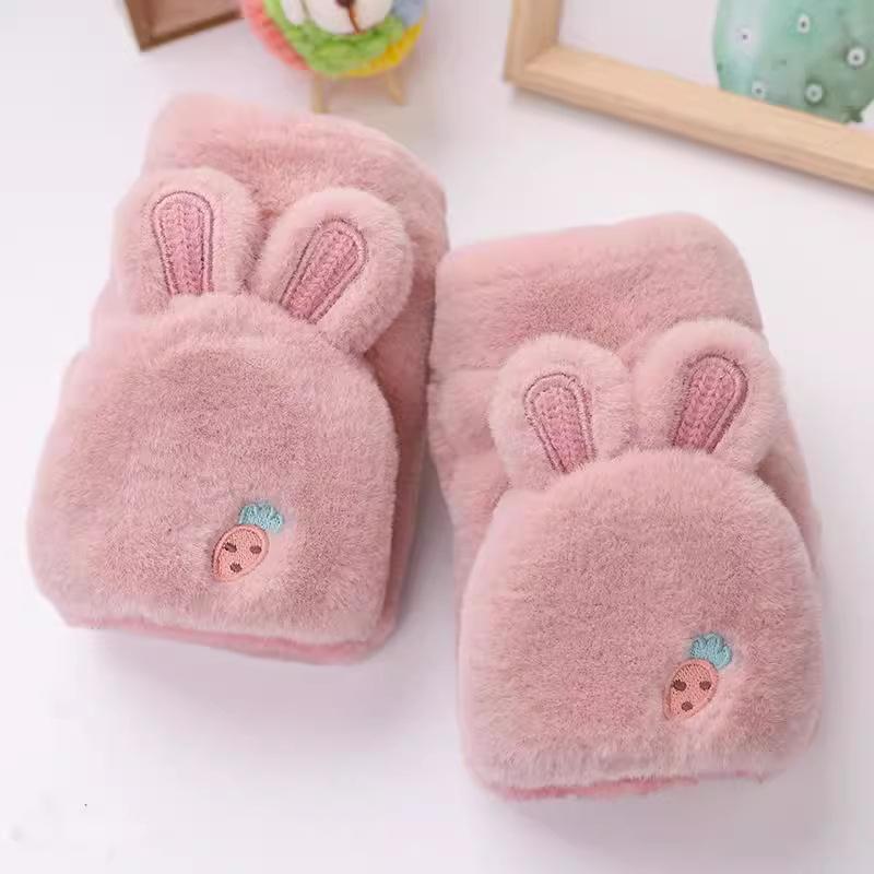 Rabbit Ears Half-finger Gloves Korean Version of Student Warm Cute Plush Flip Cartoon Plush Thickened Gloves Female
