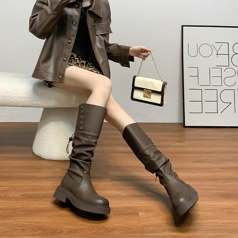 Winter new long knight boots women's wear high-end thick-soled women's boots long tube but knee-fold piled boots