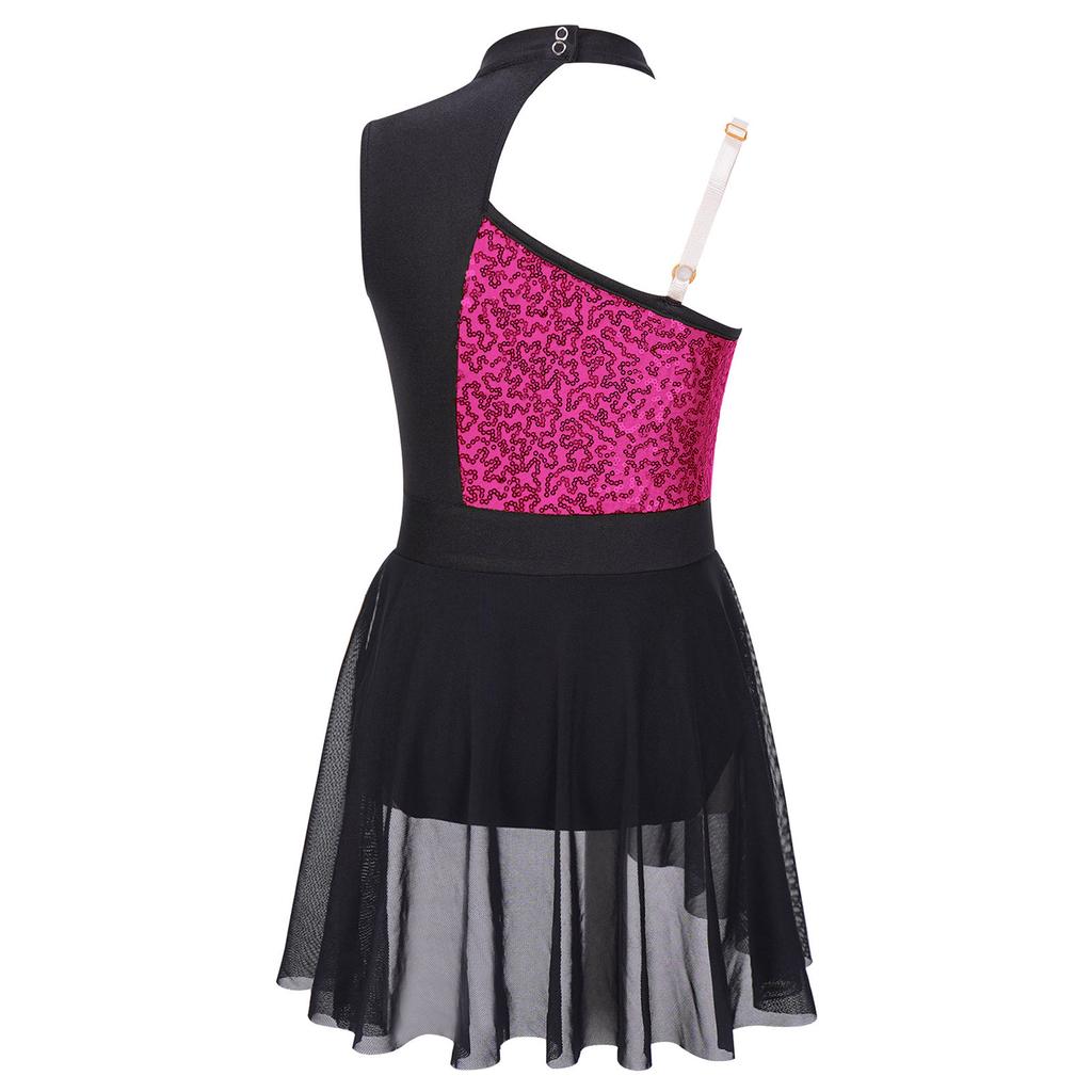 Robe de danse lyrique à paillettes brillantes pour filles, tenue de Ballet, gymnastique, sans manches, épaules dénudées, justaucorps