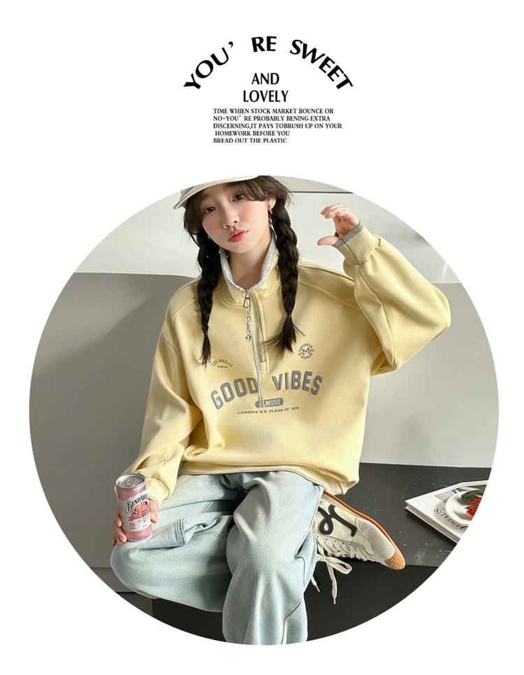 Korean Style Half-Zip Stand Collar Girls' Hoodie - Spring/Autumn Fashion