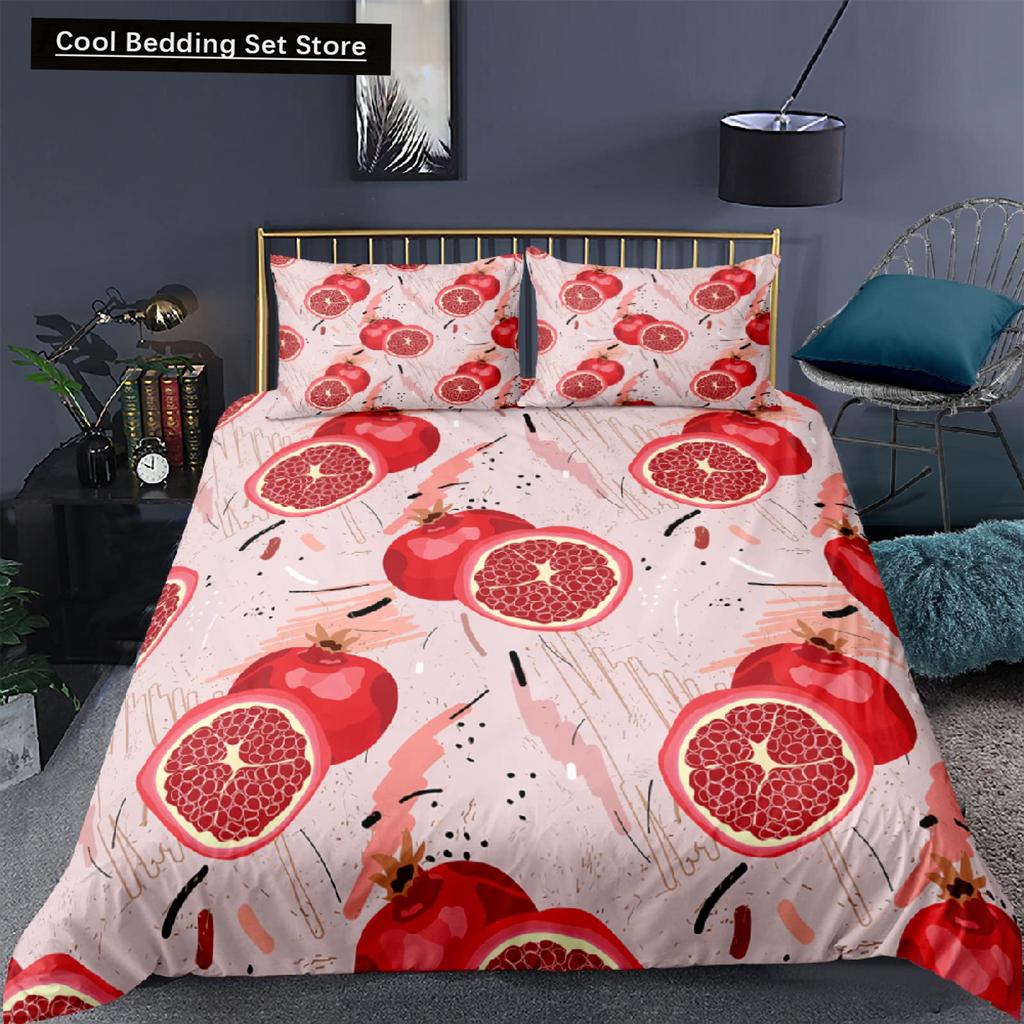 Red Pomegranate King Queen Duvet Cover Summer Tropical Fruit Bedding Set for Adults Green Leaves 2/3pcs Polyester Quilt Cover
