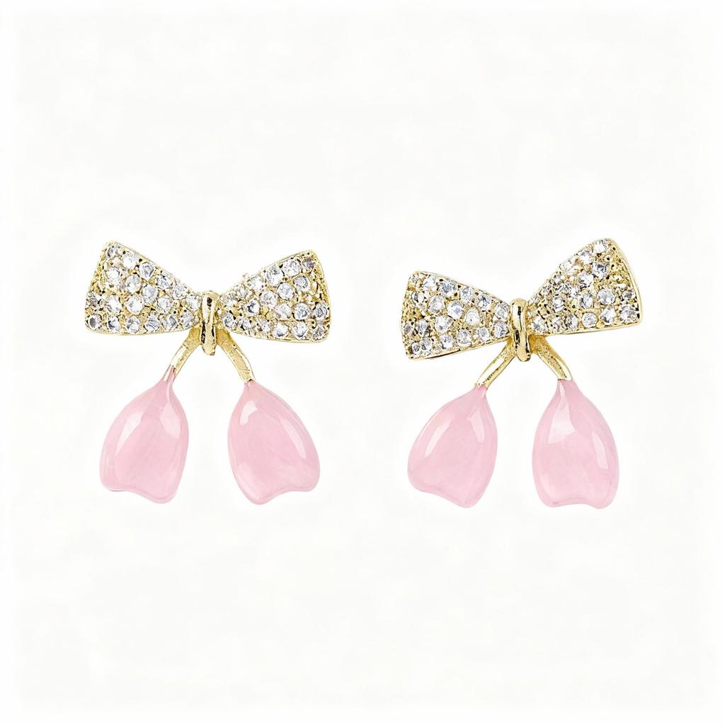 Elegant French S925 Silver Bow Cherry Dangle Earrings - Fashionable Micro-Paved Autumn/Winter Jewelry