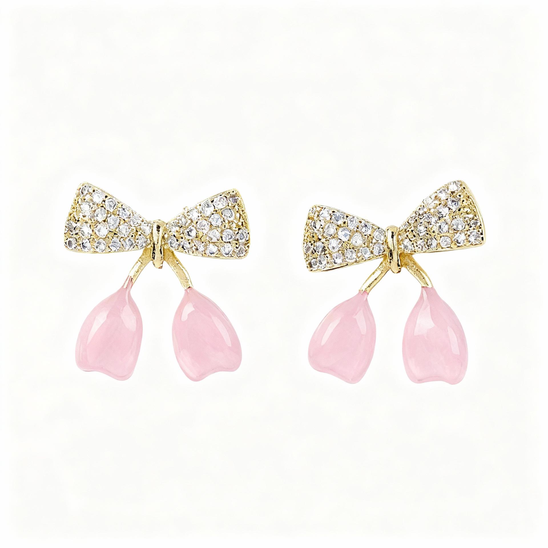Elegant French S925 Silver Bow Cherry Dangle Earrings - Fashionable Micro-Paved Autumn/Winter Jewelry