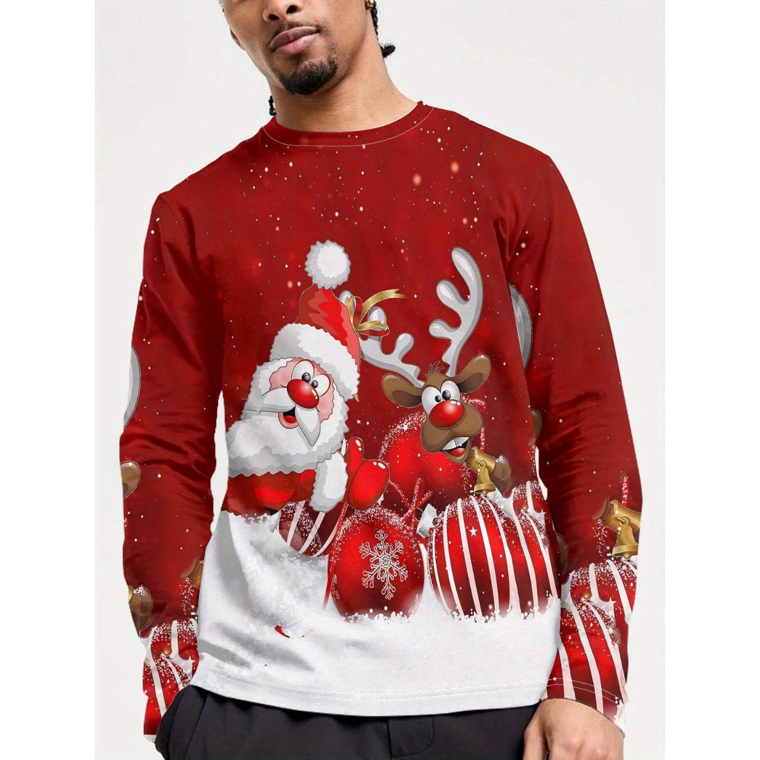 WowClassic Kerstthema Lente en Herfst Ronde Hals 3D Geprint Top Modieus Casual Lange Mouw Heren T-shirts M