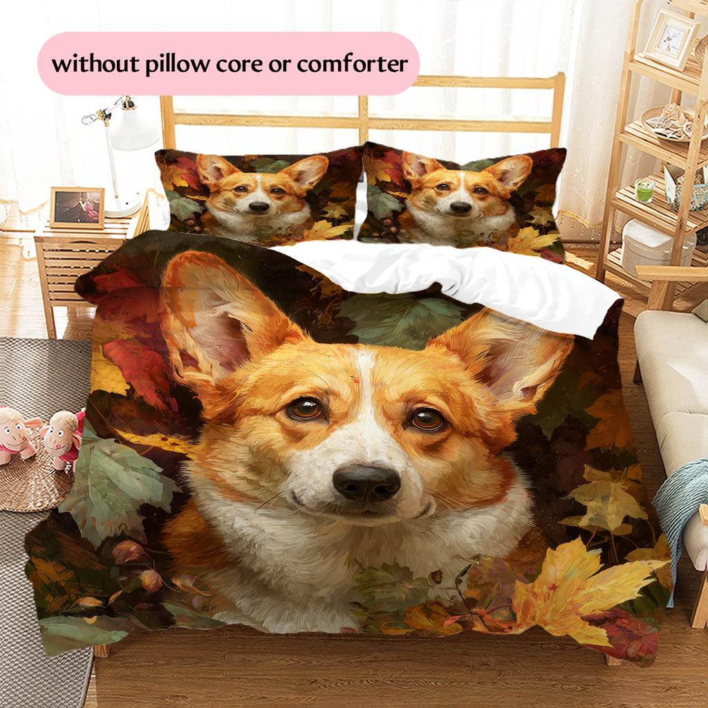 Corgi und Pflanzen Muster Bettwäsche Heimdekoration Geburtstagsgeschenk (1 Bettbezug + 2 Kissenbezüge, ohne Füllung)