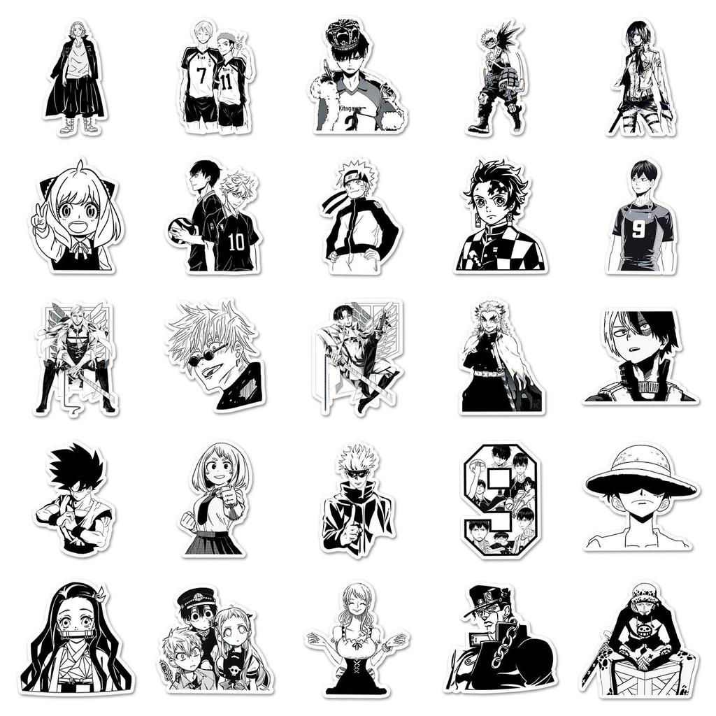 Black & White Japanese Manga Stickers - 50 Sheets for Notebooks, Phones, Waterproof Children's Creative Decoration