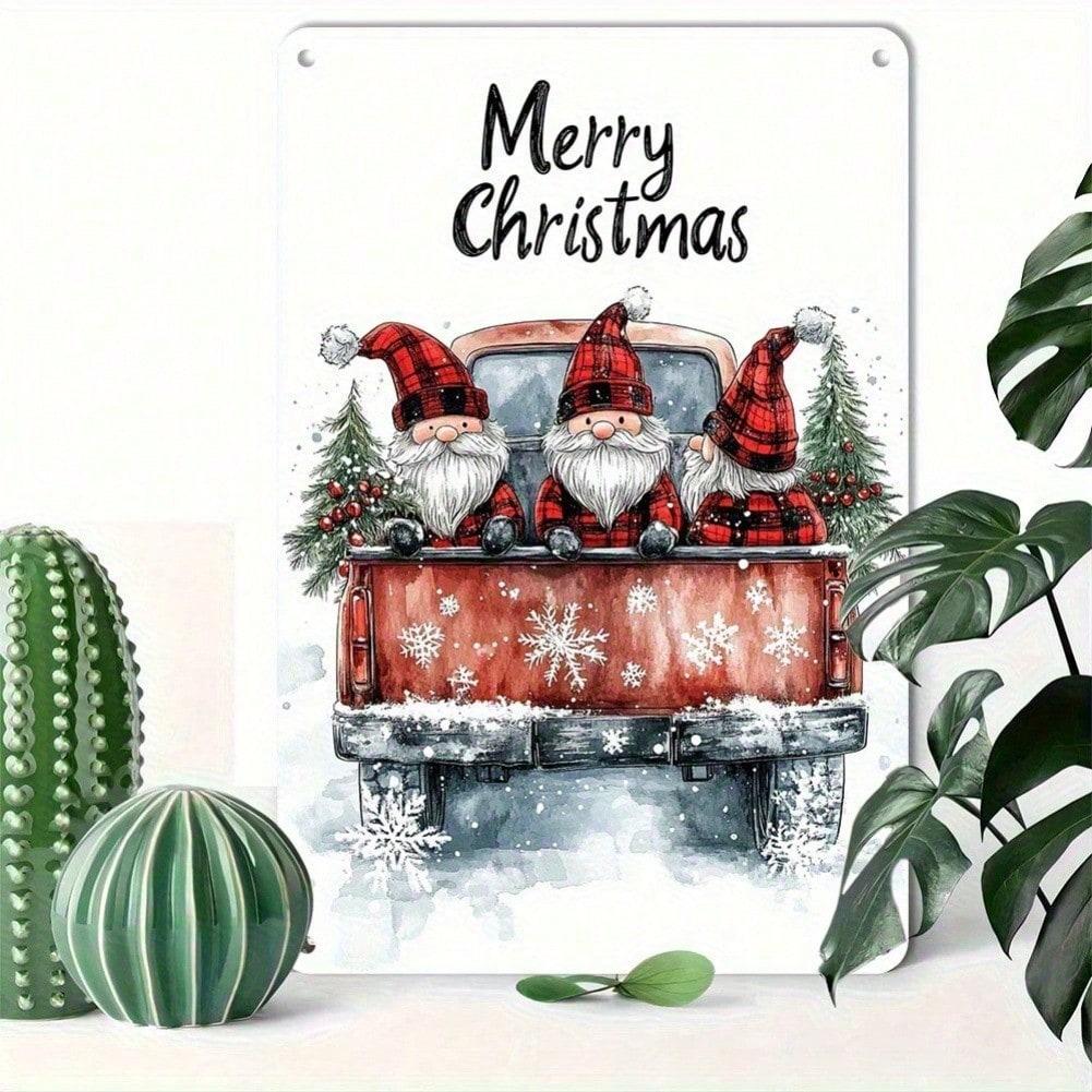 Planetjuice Vintage Christmas Gnome Tin Sign 12x8 Inch Rustic Metal Wall Art Decor