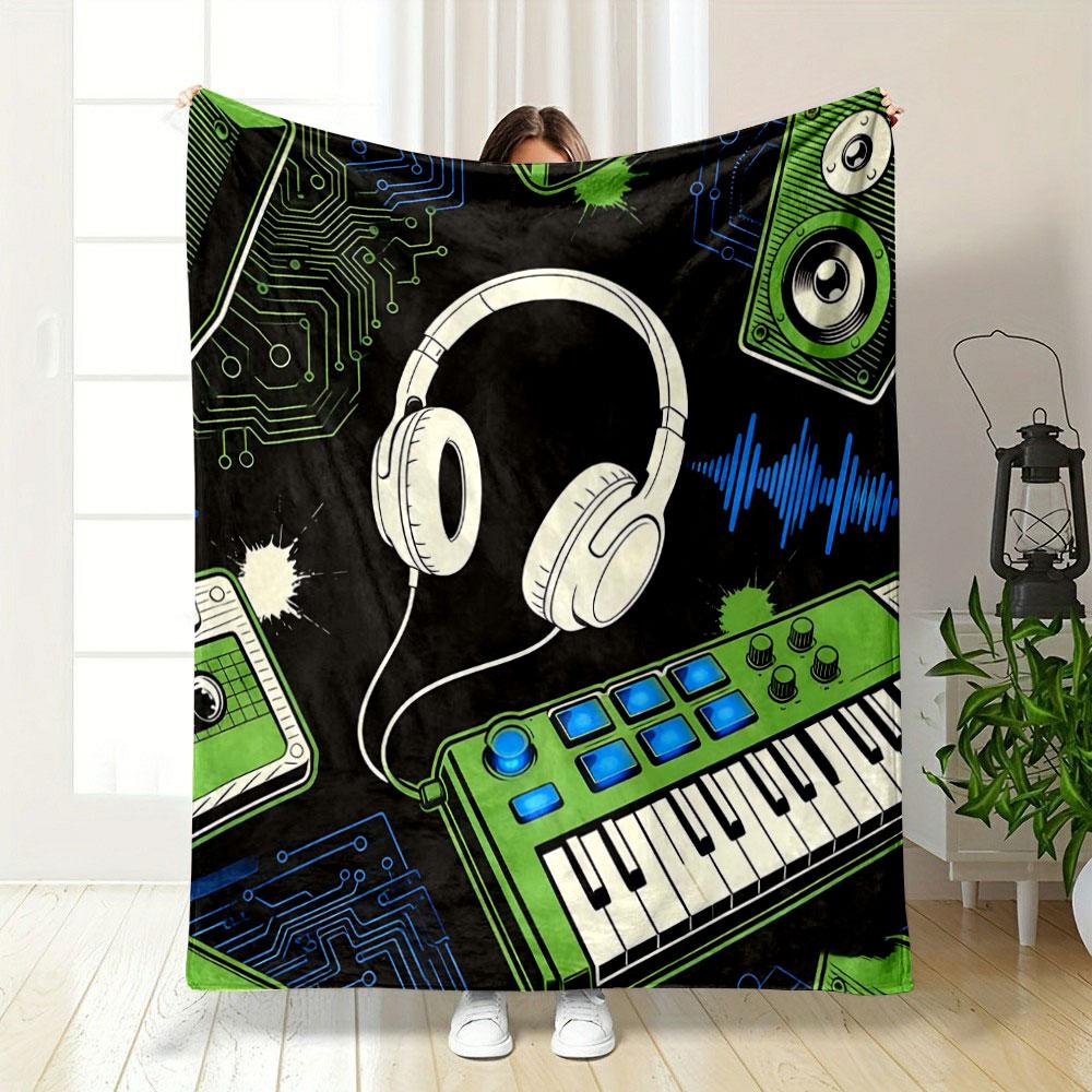 Black Background Music Elements Print Blanket Warm Soft Fluffy Kids and Adults Sofa Bed Throw Blanket Outdoor Travel Camping