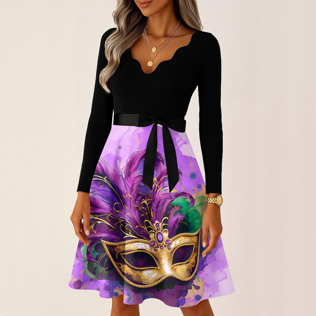 Women's Casual Fashion V Neck Long Sleeve Printed Vintage Long Dress