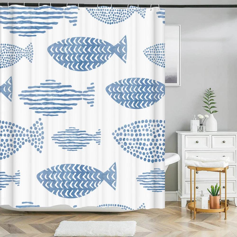 3D Bathroom Curtains Ocean Fish Jellyfish Shell Starfish Dolphin Anchor Shower Curtain Waterproof Fabric Cartoon Boy Bath Screen