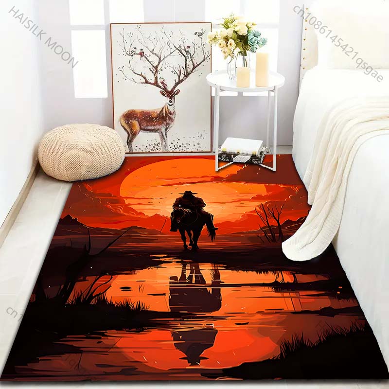 1PC Horseman with Red Sunset Carpet for Living Room Bedroom Sofa Home Decor Rus Non-slip Floor Mat Luxury Gift