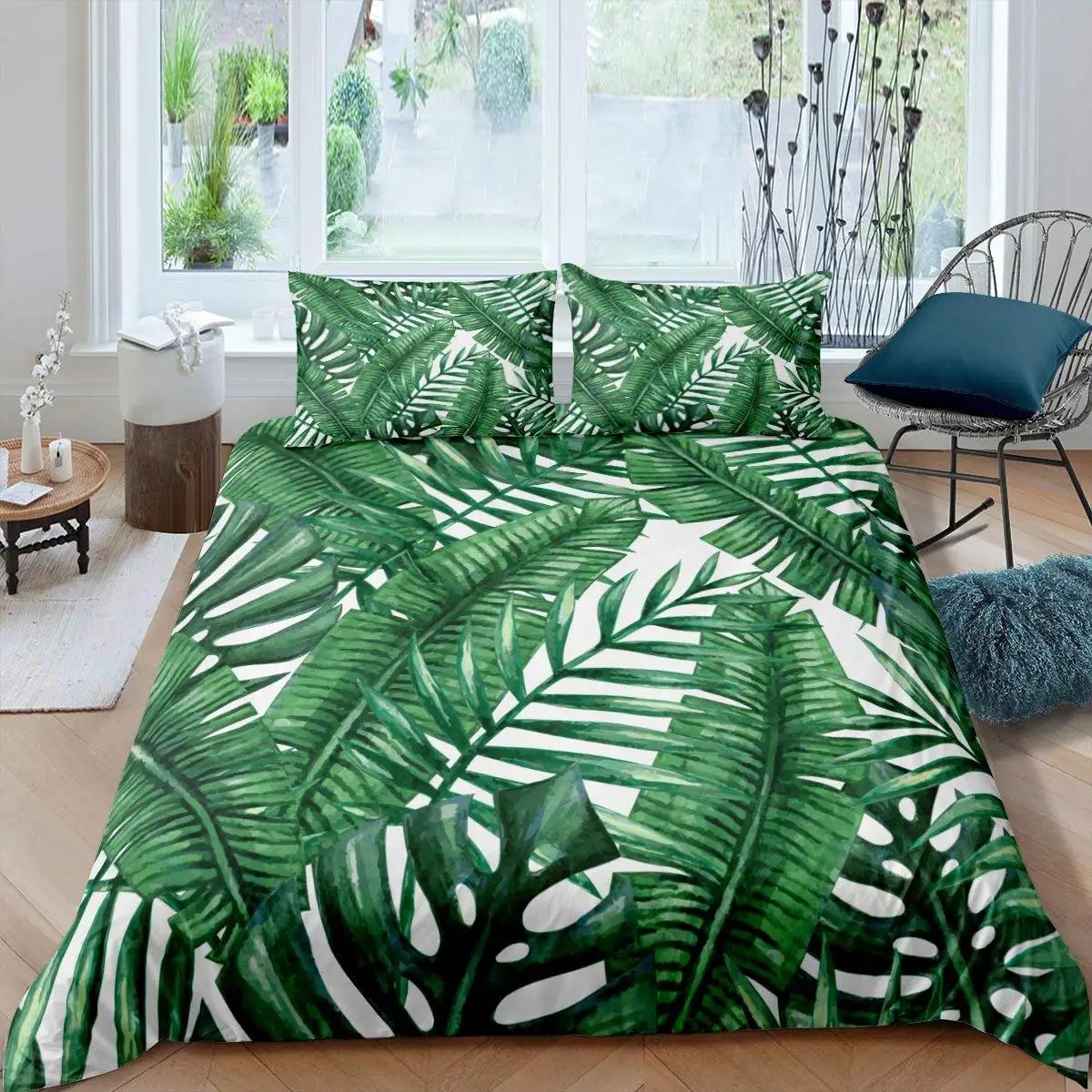 Housse de Couette Feuilles de Palmier King Full Ensemble de Literie Feuilles de Bananier Feuilles Tropicales Hawaïennes Branches Vertes 2/3 pièces Housse de Couette en Polyester 70x133cm 2pcs