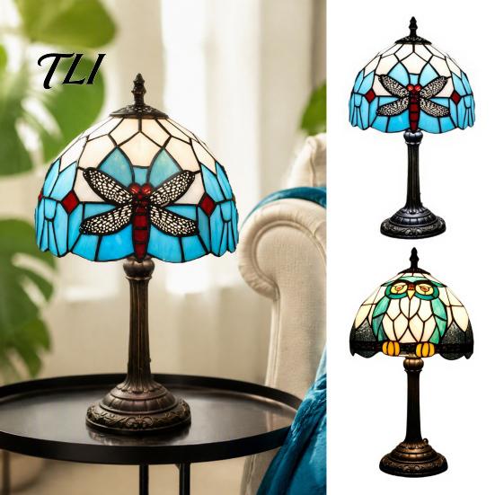 Floral Pattern Lamp Tiffany Dragonfly Stained Glass Table Lamp, Vintage Blue Bedside Night Light, European Style Metal Base Decorative Atmosphere for