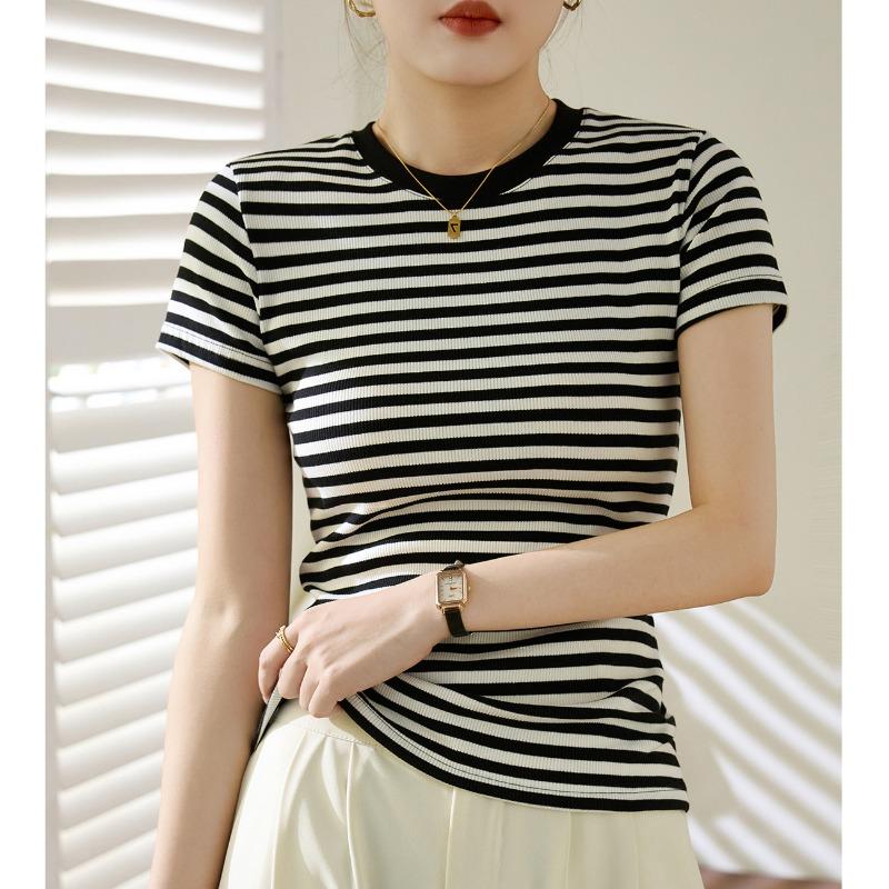 Striped T-shirt Women's Summer Short Sleeve New Pure Cotton Retro Top Slimming Bottom Shirt