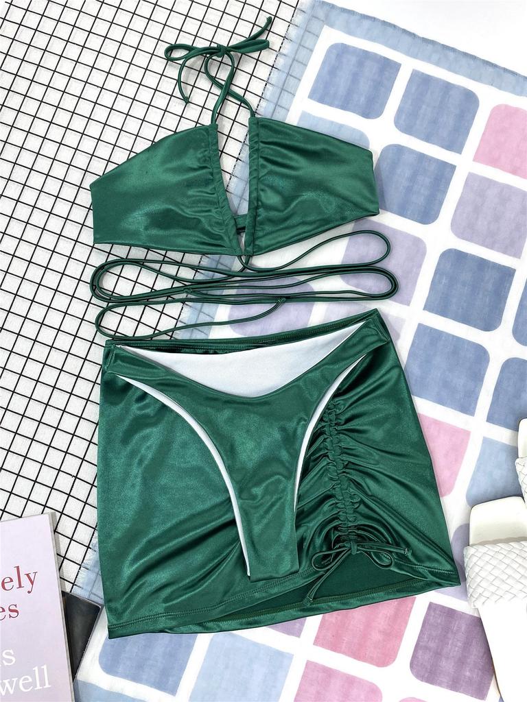 Women's Sexy Lace-Up Glossy Three-Piece Split Bikini Set