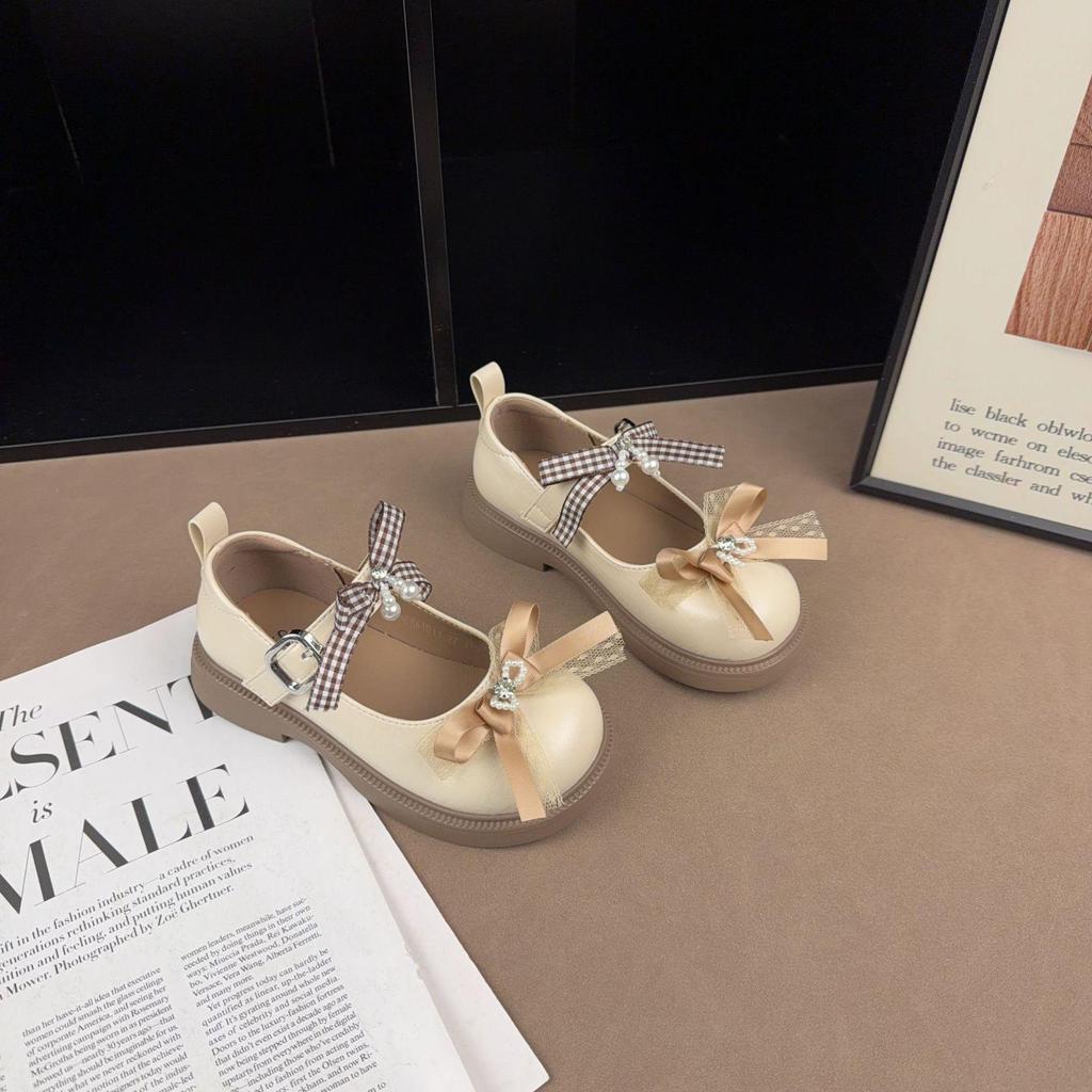 Retro-Prinzessinnenschuhe aus Leder mit Schleife und Strasssteinen – rutschfest, flacher Schaft, koreanischer Stil für Frühling/Herbst 2026