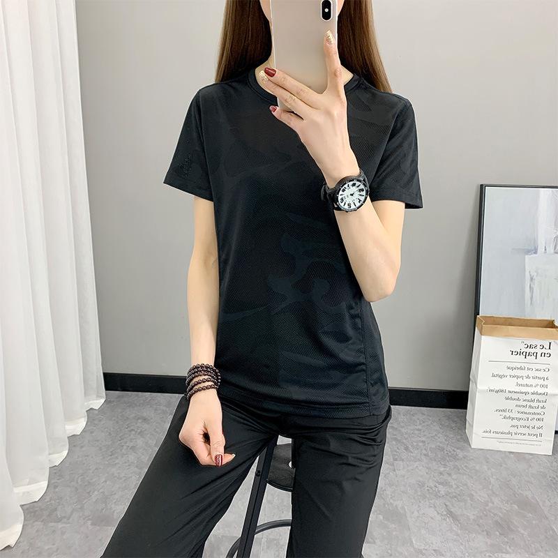 Women's Summer Yoga Slim Solid Colour Outdoor Sports Jacquard Quick Dry Round Neck T-Shirt