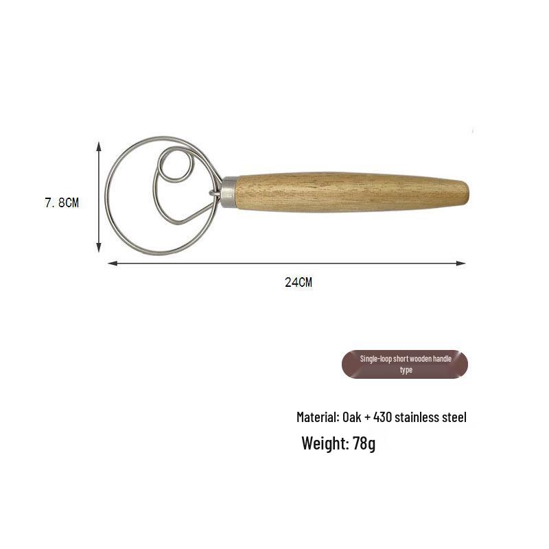13" Oak Handle Danish Dough Mixer & Egg Beater - Stainless Steel Whisk Tool