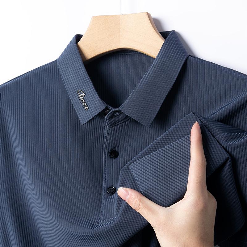 Short Sleeve Lapel Polo Shirt Men'S Medium Ice Silk Top Men'S Striped Thin T-Shirt