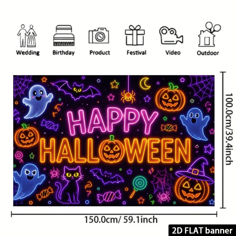 2D planar Halloween neon style party banner background fabric featuring pumpkin lanterns ghosts and batszyc