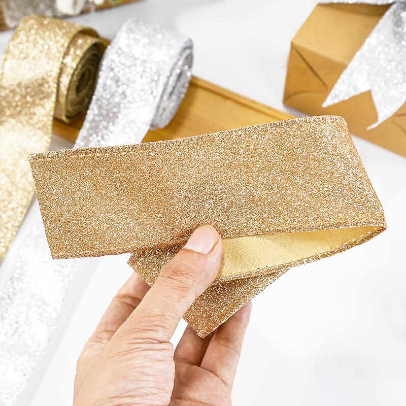 2M Christmas Ribbon Gold Silver Polyester Gliter Ribbon DIY Xmas Tree Bow Ornaments Kids Gifts Packaging Navidad Home Decoration