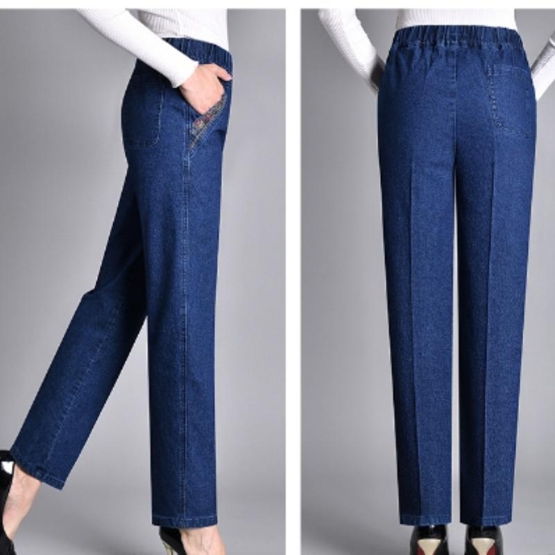 Women's Spring and Summer Models Plus Size Solid Colour Thin Section Elastic High Waist Jeans Casual Straight Trousers