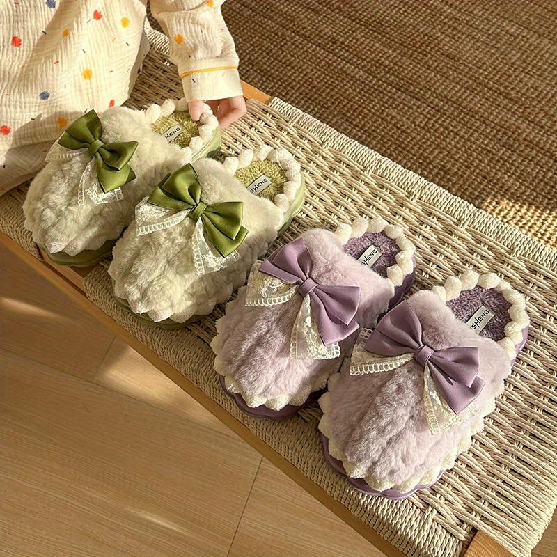 Women's Plush Slip-On Moccasin House Shoes, Cozy Thick Plush Lining with Bow Accent & Soft Fabric Upper, Non-Slip Indoor/Outdoor Winter Slippers