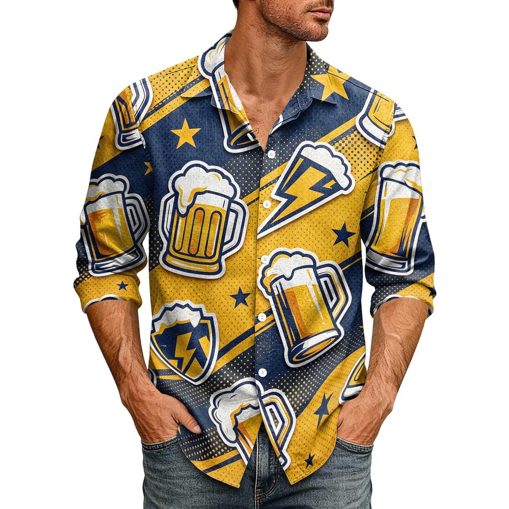 Men Loose Fit Lapel Collar Long Sleeve Shirt Vintage Style Casual Button Down Top with Graphic Print for Daily Wear and Outdoor Activities
