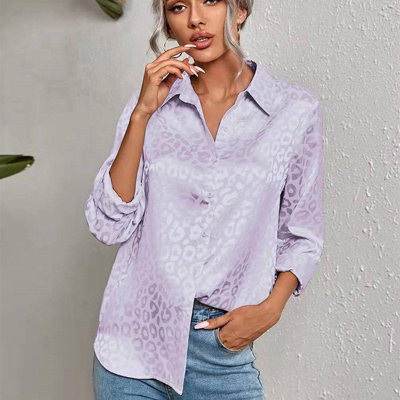 

Blouse Women Leopard Print Shirt Work Wear Turndown Collar 5 2XL