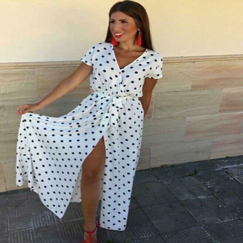 Stylish Womens Holiday Polka Dots Slit Maxi Dress Perfect For Summer Beach Outings