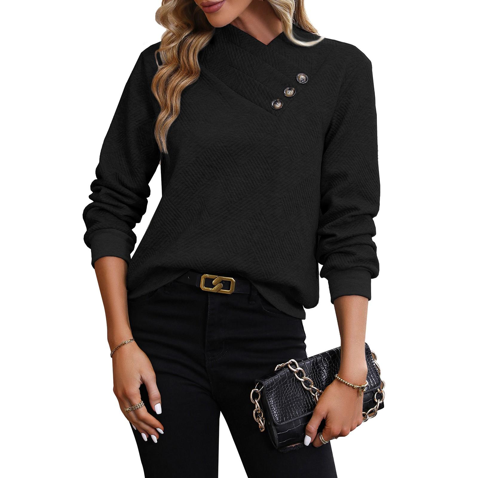 

Женский осенний повседневный однотонный пуловер с длинными рукавами и v-образным вырезом на пуговицах, толстовка L чёрный