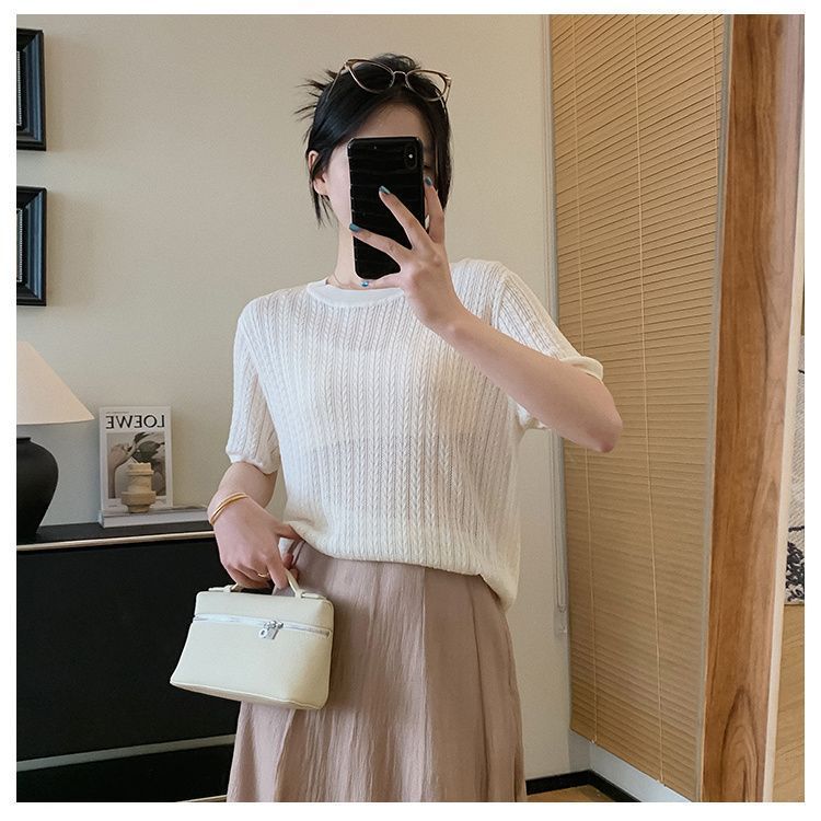 Women Cropped Knit Tank Top, Solid Off White Round Neck Cap Sleeve Hollow Cable Knit Textured Breathable Slim Summer Casual Blouse