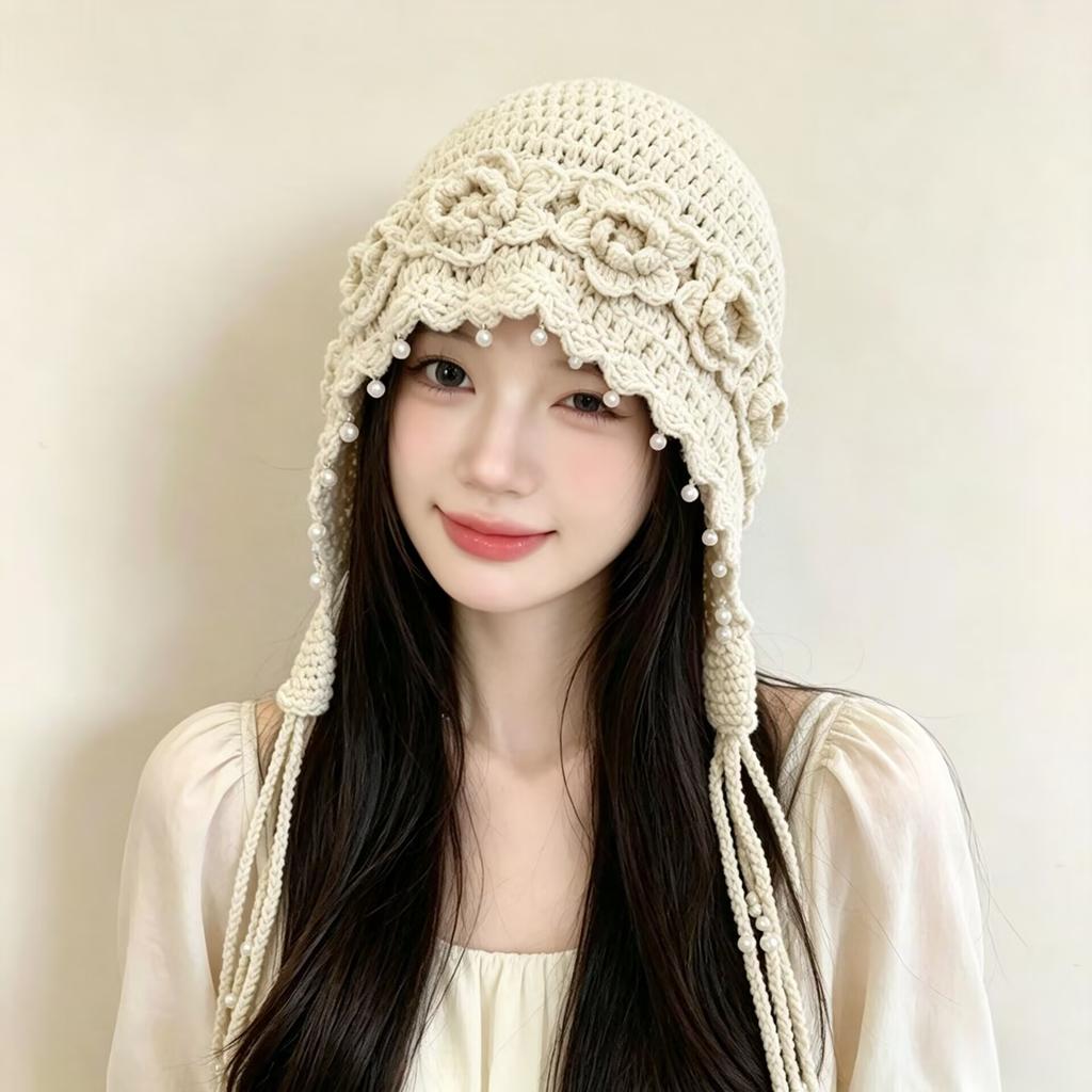 Pearl tassel three-dimensional flower knitted wool hat women's spring and summer hand-woven ethnic style pullover hat Baotou hat