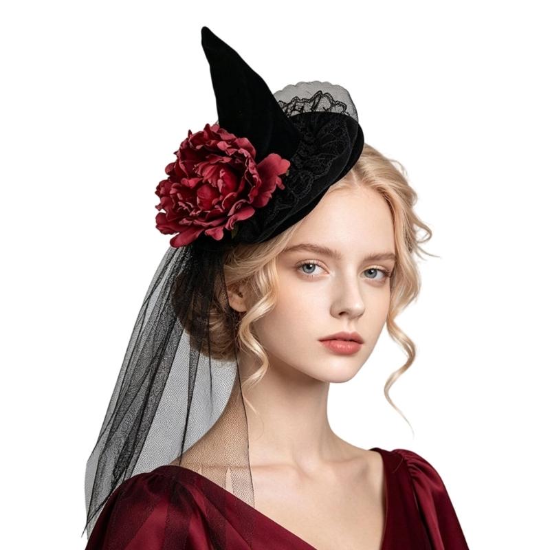 Aufsteckbarer Halloween-Hexenhut Fascinator Kopfschmuck mit schwarzer Netzborte für Kostümparty-Kleidung und Thematische Fotoaufnahmen black