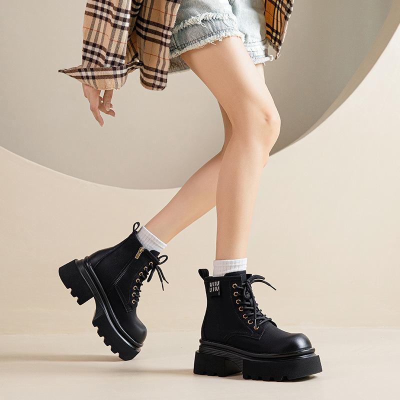 Thick-soled Leather Martin Boots Women's British Style 2025 New Small Height-increasing Brown Short Boots Autumn and Winter All-match Boots