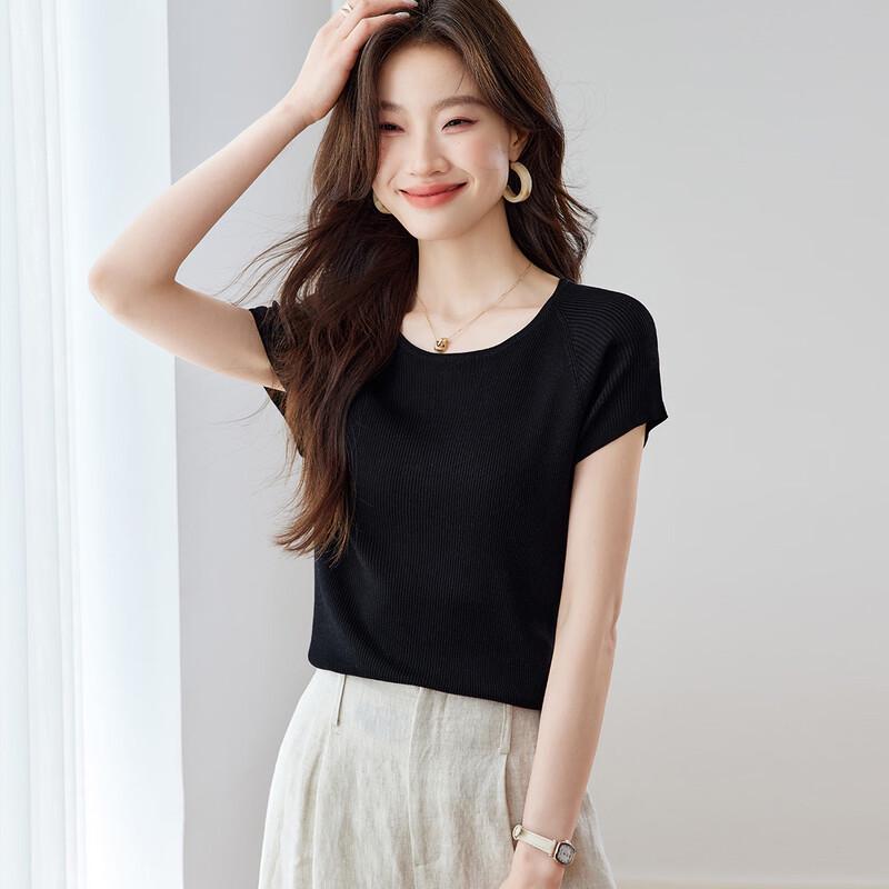 Srcr Women's 100% Mulberry Silk Slim Fit Short Sleeve Knit Top