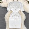 Women's Summer Knit Polo Collar Dress with Metal Buckle & Pockets - White, High-Quality Designer