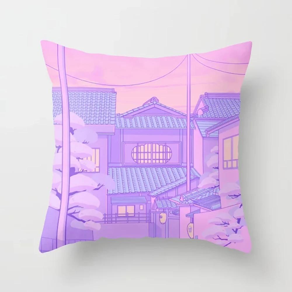 Pink Cartoon City Print Pillowcase Car Ornaments Office Living Room Home Pillowcase