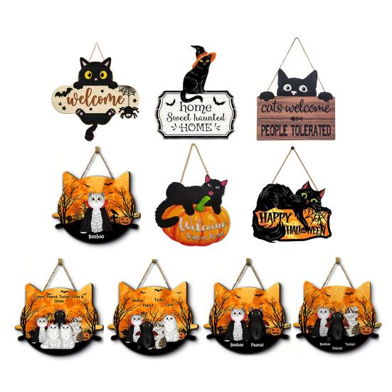 Yousheng Halloween Hanging Door Sign, Cute Cat Hanging Sign, Wooden Front Door Hanger with Hemp Rope for Porch Wall Indoor Home